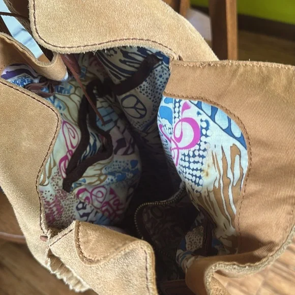 Tan Suede Bucket Bag with Brown Leather Accents - Picture 5 of 9